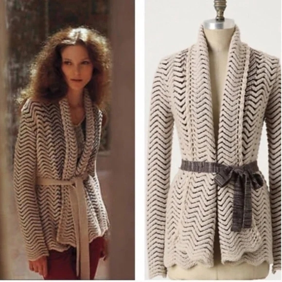 **Anthros** MOTH Filamentous Chevron Print Open Front Belted Cardigan. Size M - Picture 1 of 16